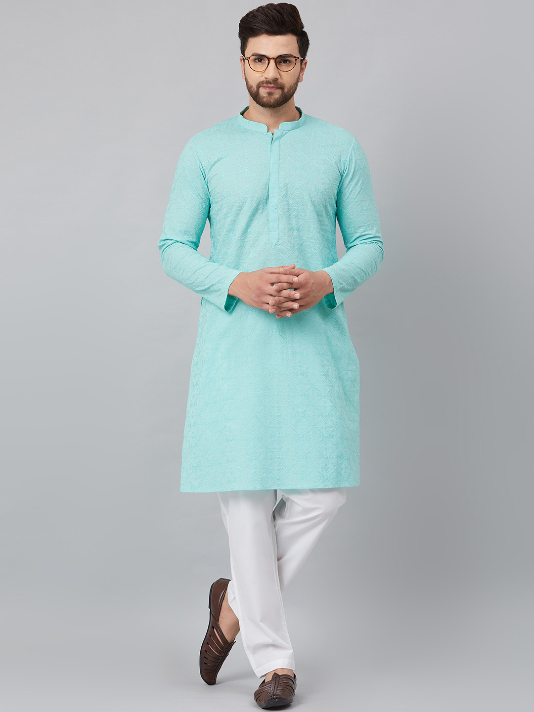 See Designs Men Turquoise Blue Embroidered Regular Chikankari Pure Cotton Kurta with Churidar