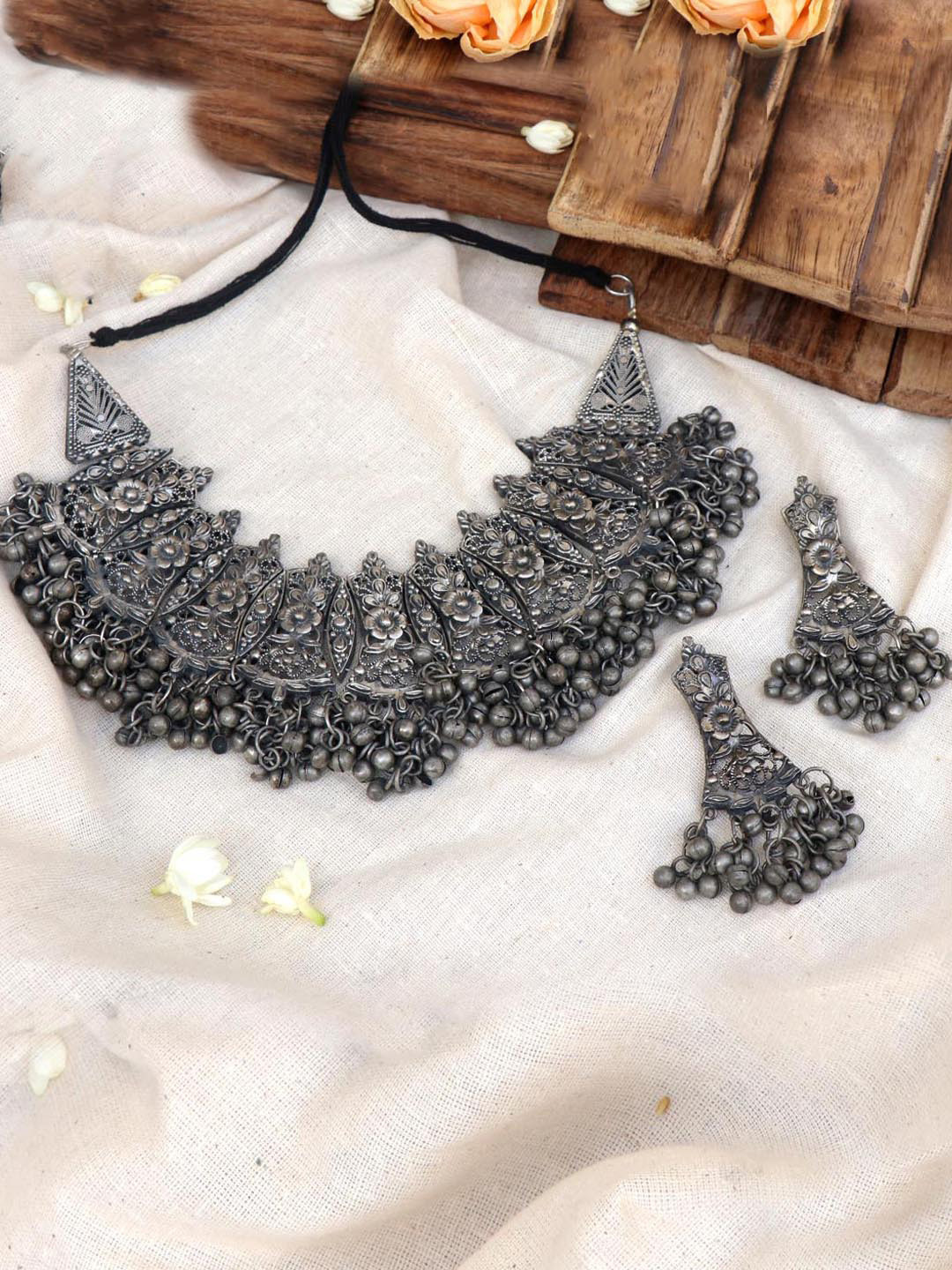 TEEJH Oxidized Silver-Plated Antique Jewellery Set
