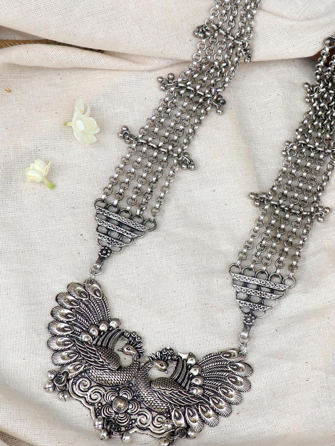 TEEJH Women Silver-Toned & Silver-Plated Peacock Oxidized Long Necklace