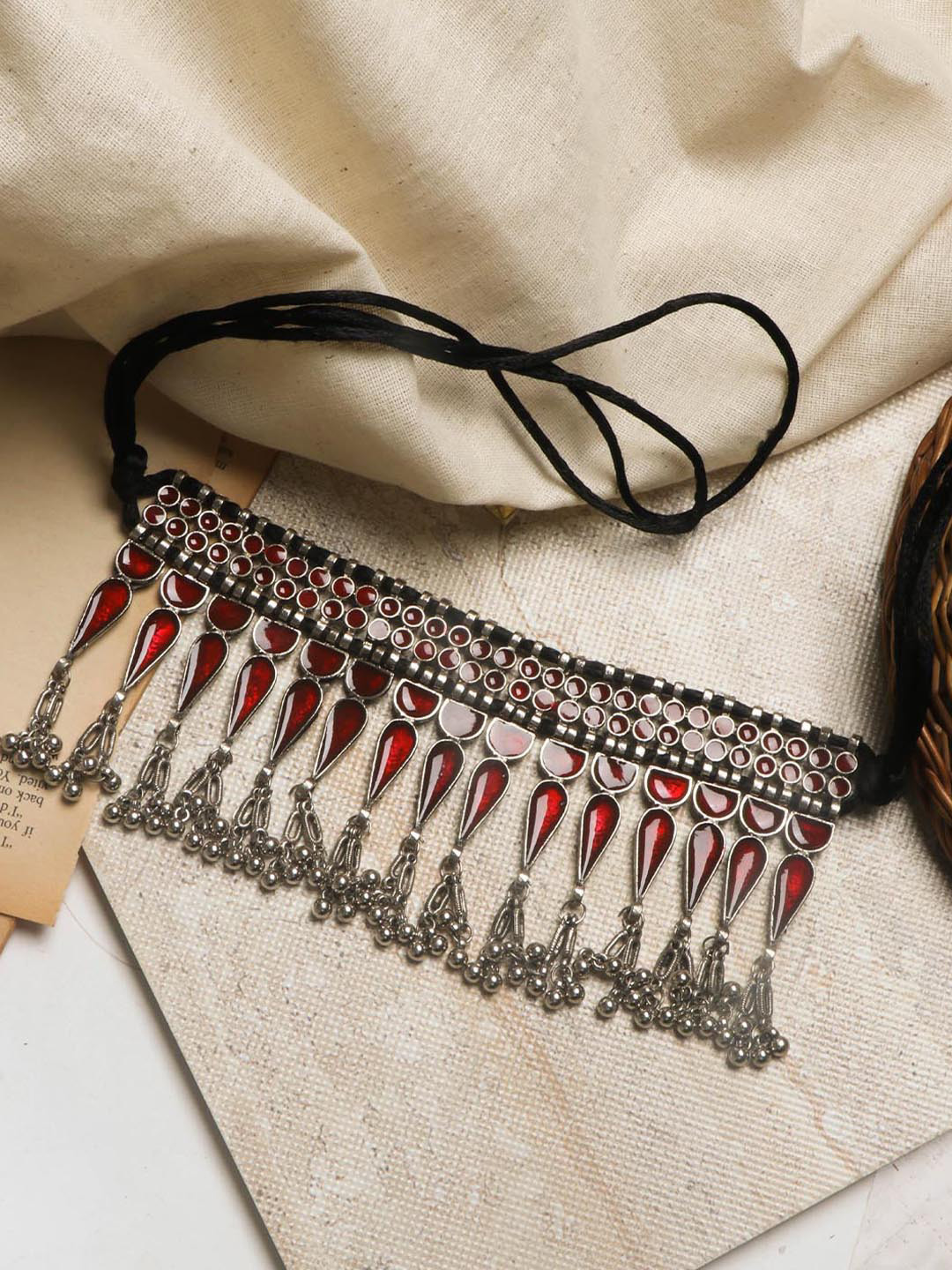 TEEJH Woman Silver-Toned & Red Silver-Plated Oxidised Necklace