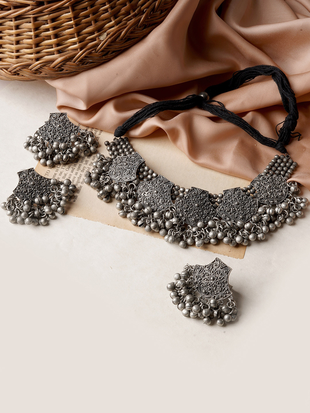 TEEJH Oxidised Silver-Plated Jiera Jewellery Set