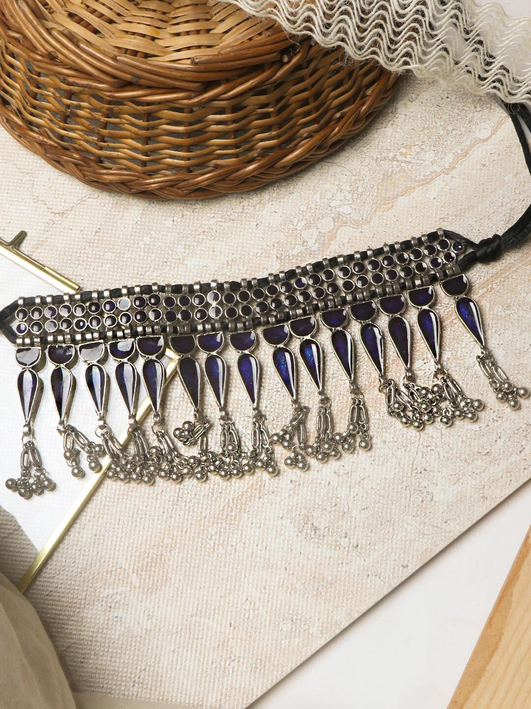 TEEJH Women Silver Oxidised Choker Necklace