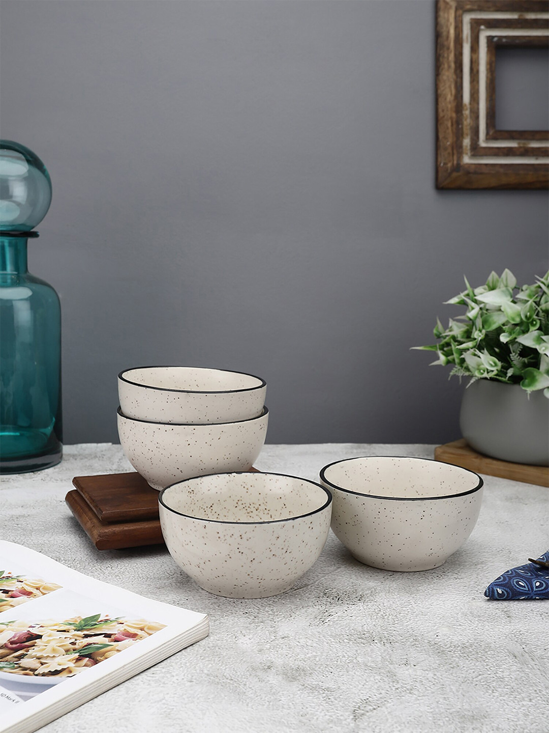 MIAH Decor White & Black 4 Pieces Handcrafted Printed Ceramic Matte Bowls