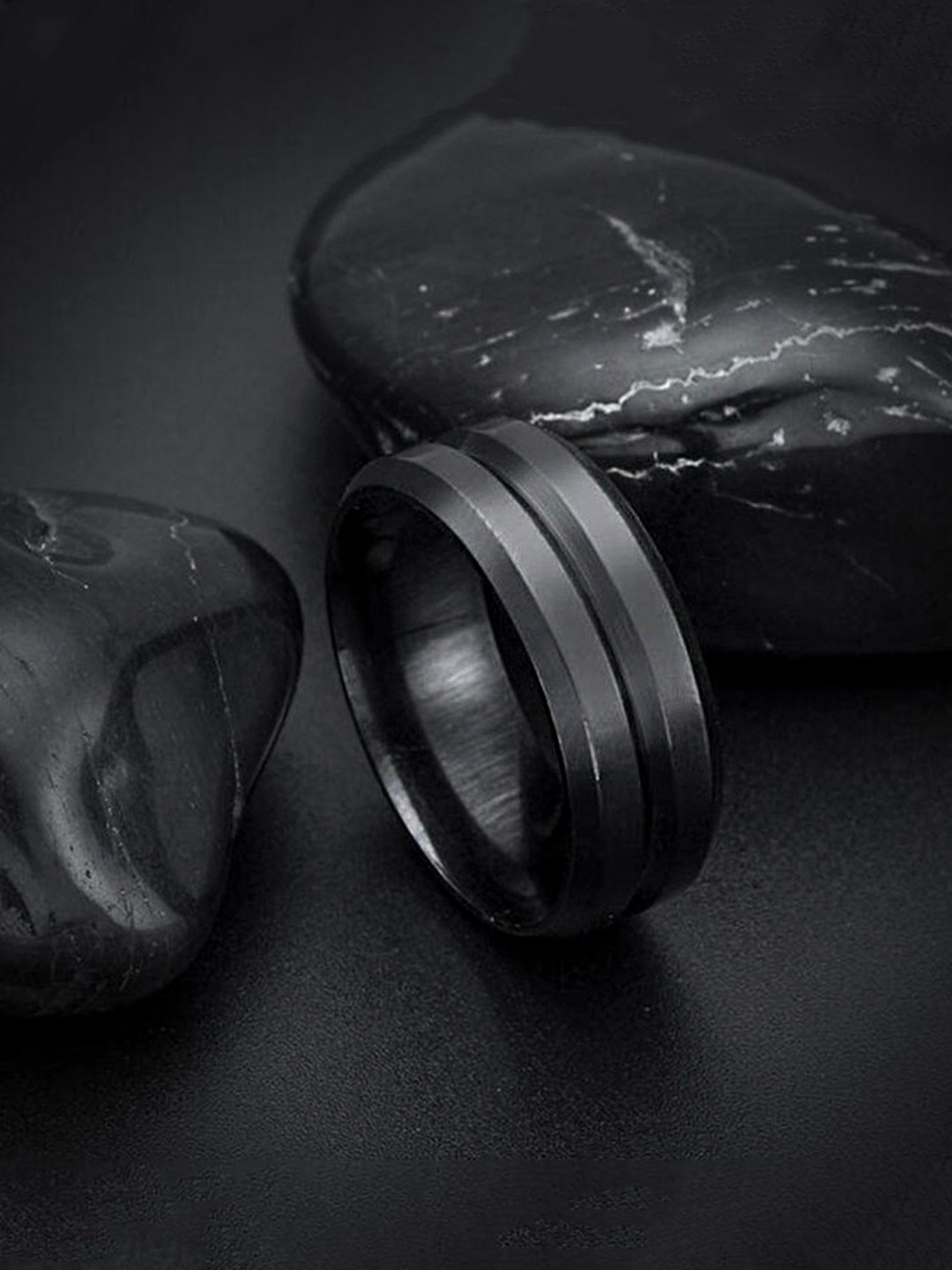 Yellow Chimes Men Black Stainless Steel Band Finger Ring