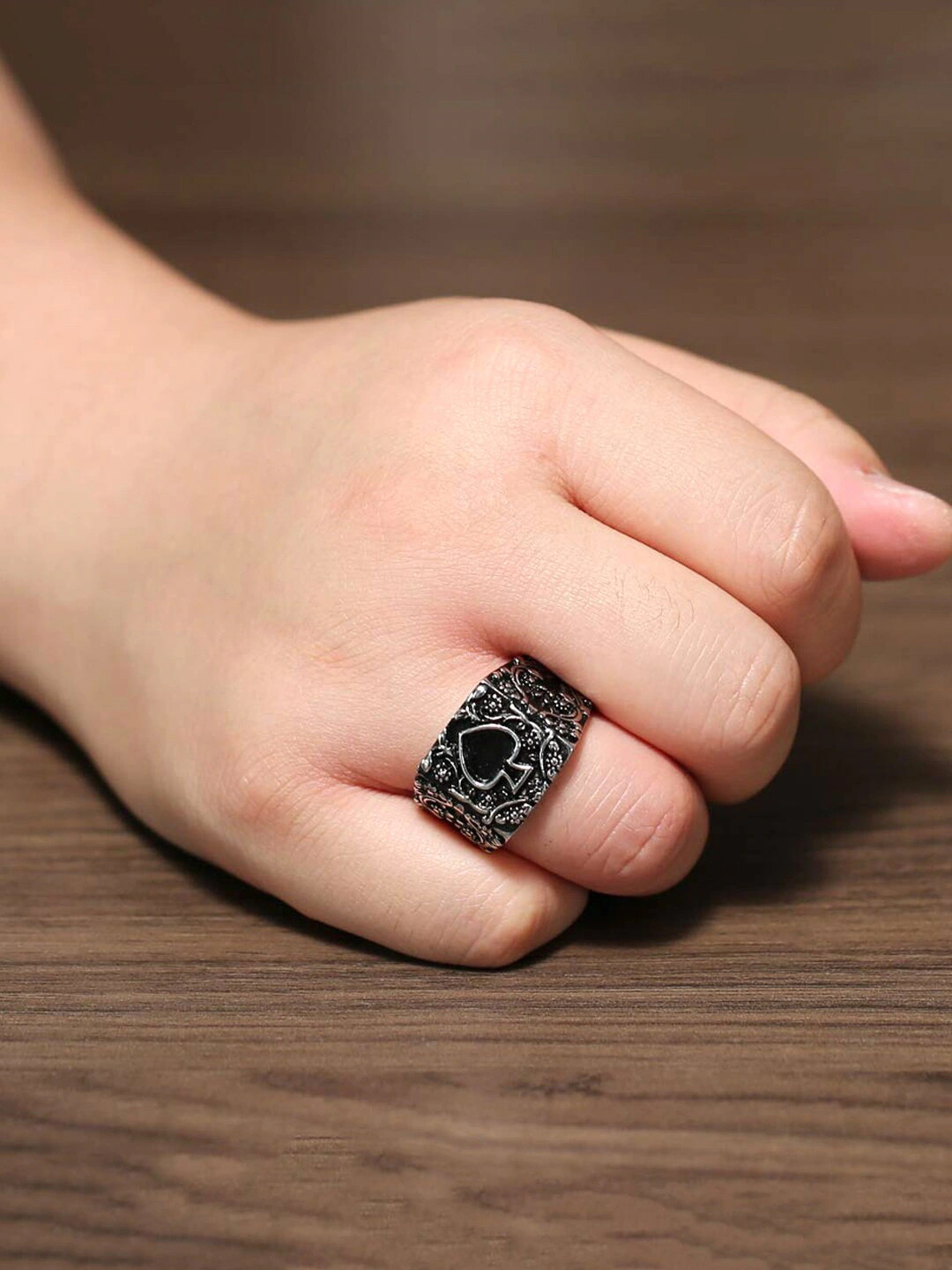 Yellow Chimes Silver-Toned & Black Stainless Steel Square Spade Finger Ring