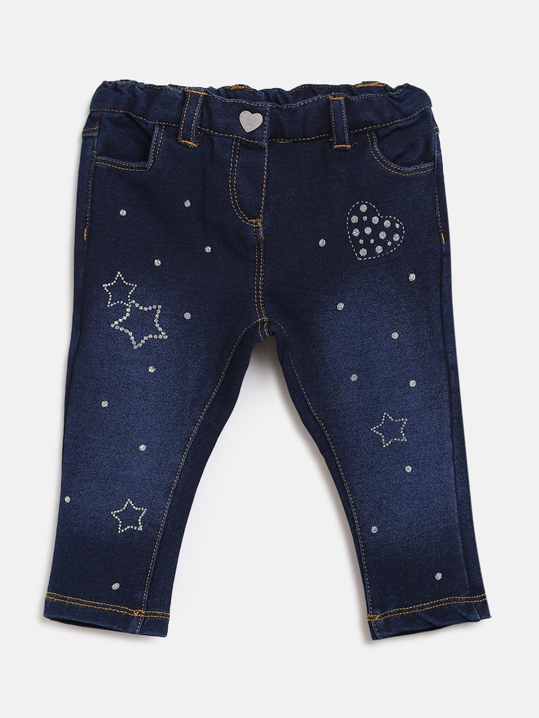 Chicco Girls Navy Blue Silver-Toned Light Fade Glitter Printed Stretchable Jeans