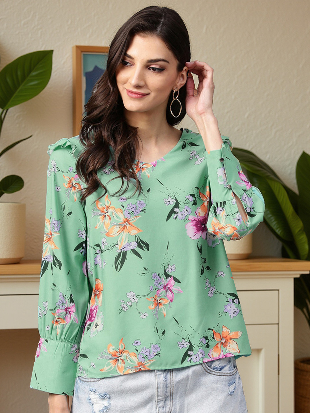 Zima Leto Green Floral Printed Regular Top