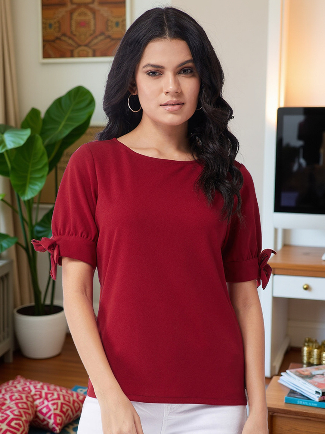 Zima Leto Red Regular Top With Tie-Up Sleeves