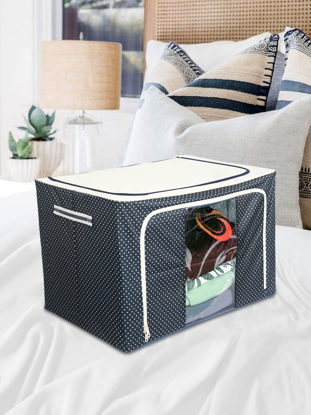prettykrafts Grey & White Polka Dot Printed Foldable Storage Box Organizer