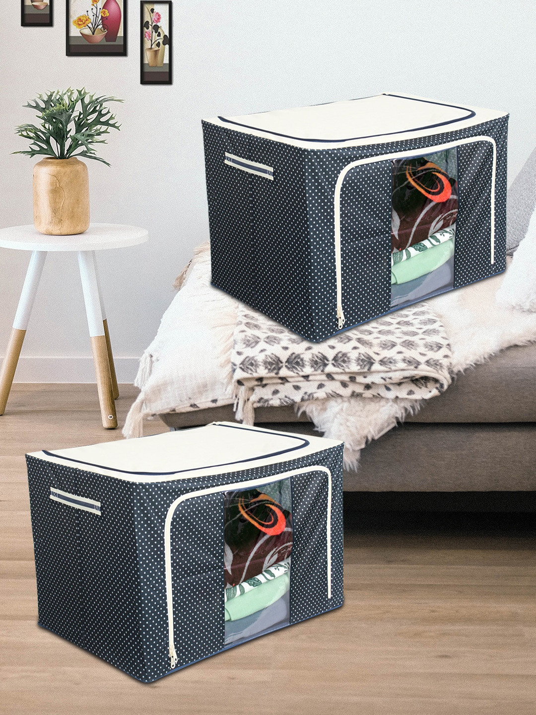 prettykrafts Set Of 2 Grey & White Polka Dot Printed Foldable Storage Box Organizers