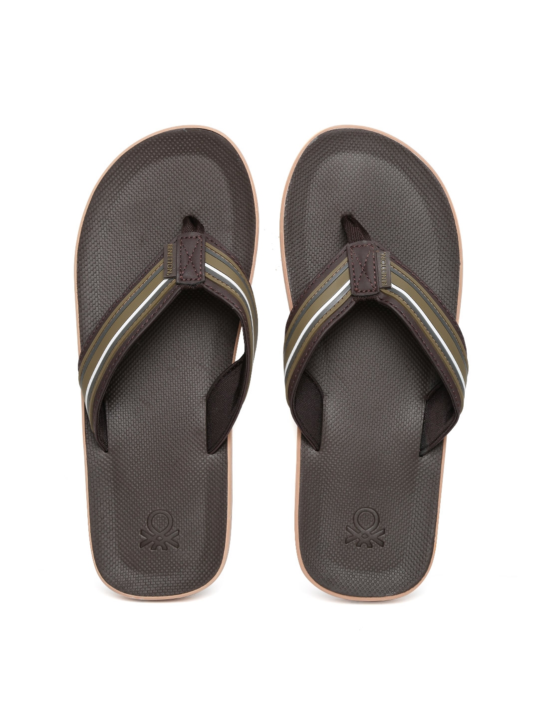 United Colors of Benetton Men Olive Green Striped Flip Flops