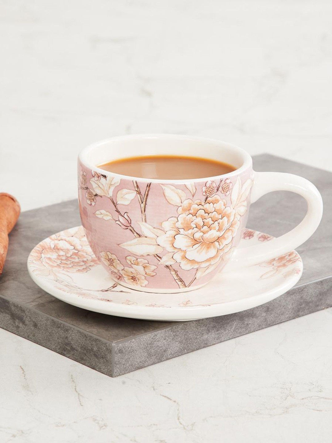 Home Centre White & Pink Printed Moksha Printed Cup and Saucer