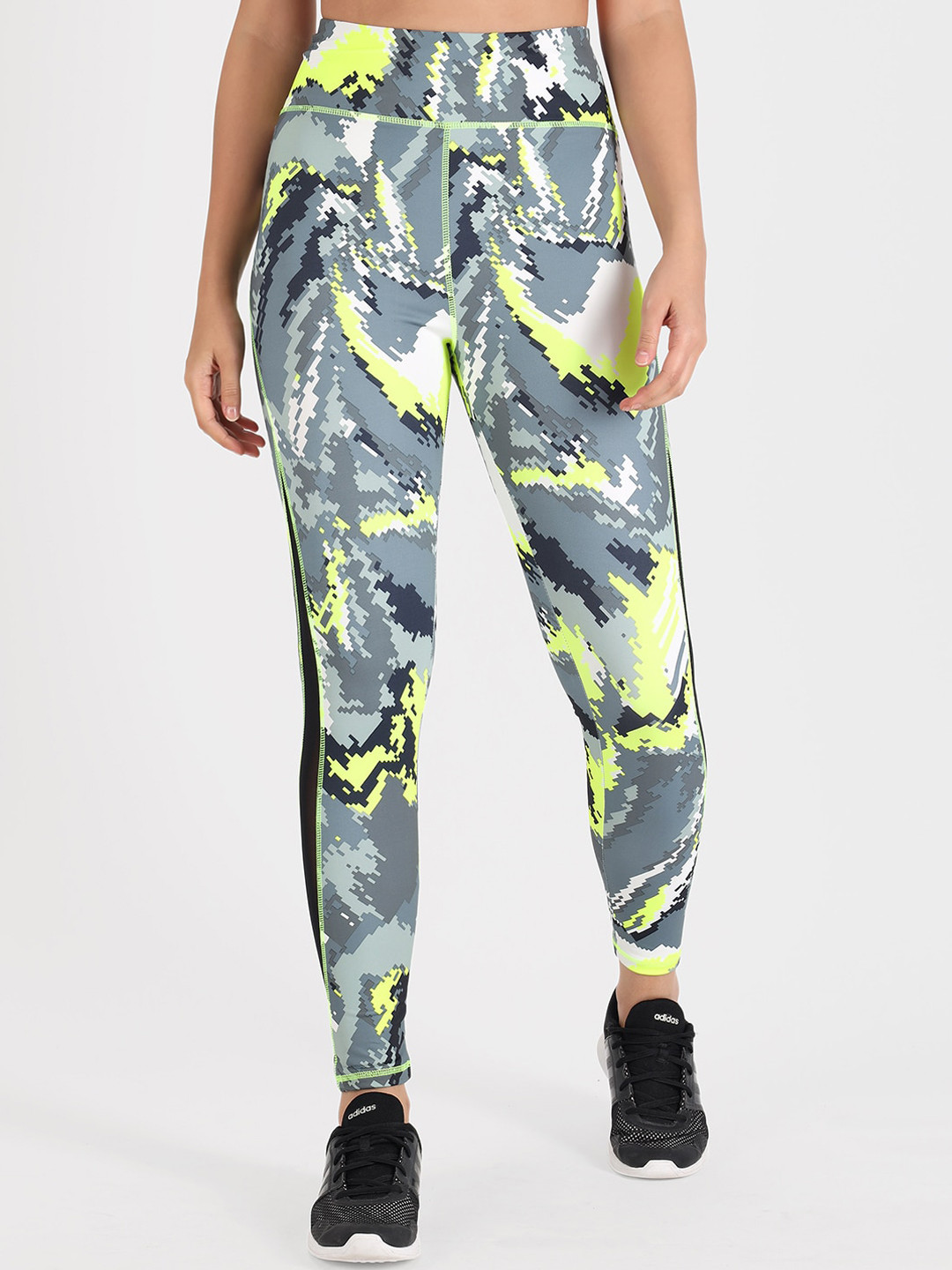 ATHLISIS Women Lime Green & Grey Printed Ankle-Length Fitness Tights with Phone Pocket