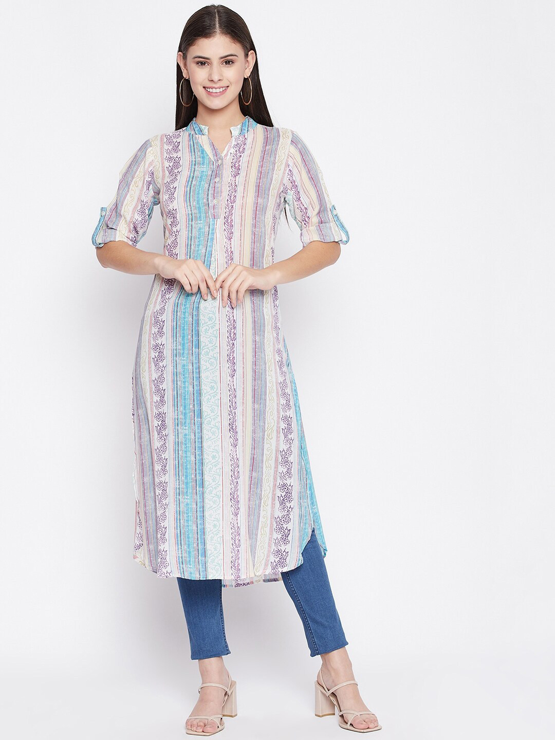 Ruhaans Blue & Violet Viscose Rayon Mandarin Collar Striped Tunic