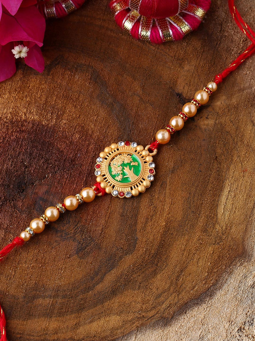 Voylla Beige Beaded Enamel Rakhi with Roli Chaawal Pack