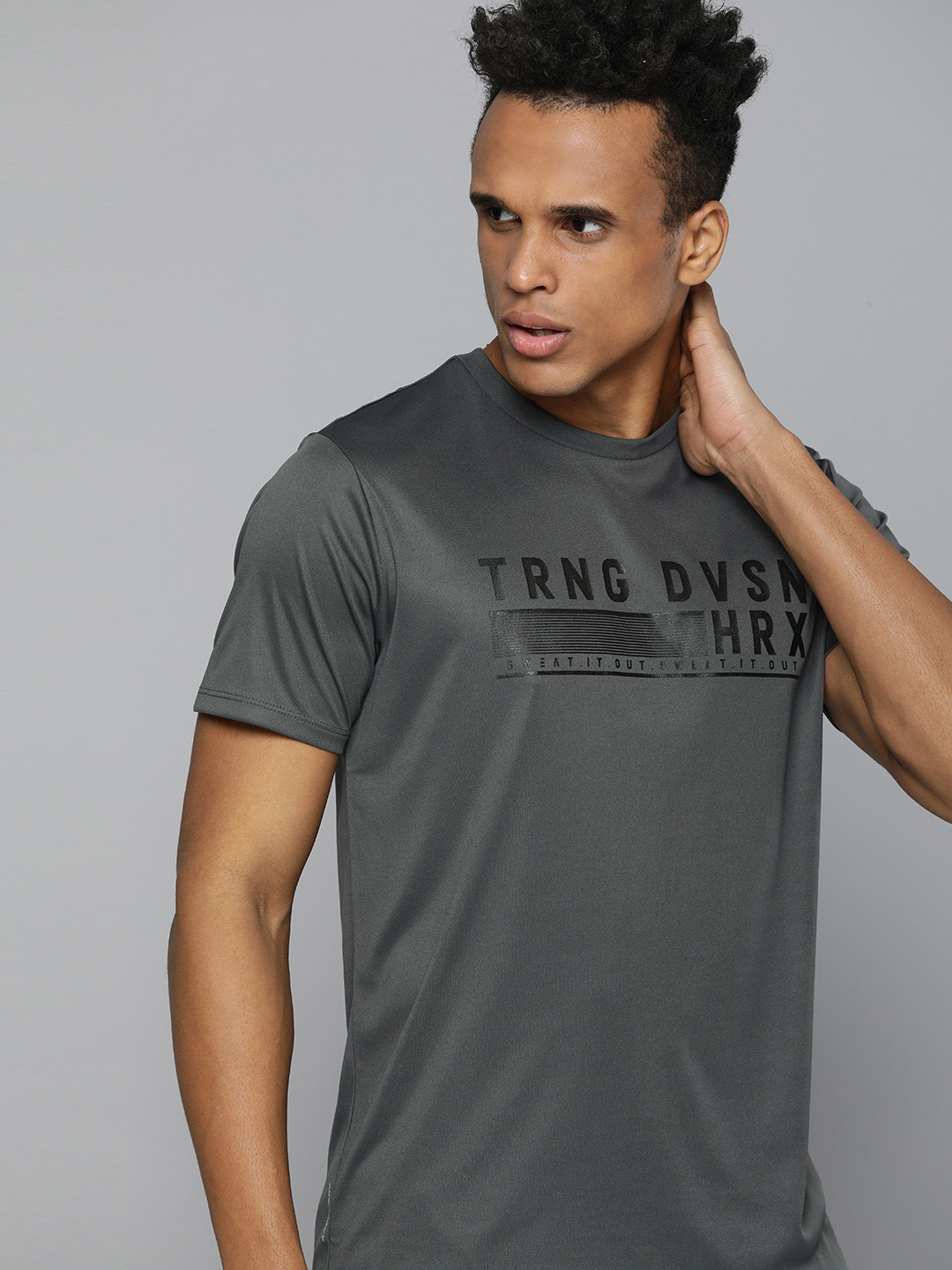 HRX By Hrithik Roshan Training Men Anthra Melange Rapid-Dry Typography Tshirts