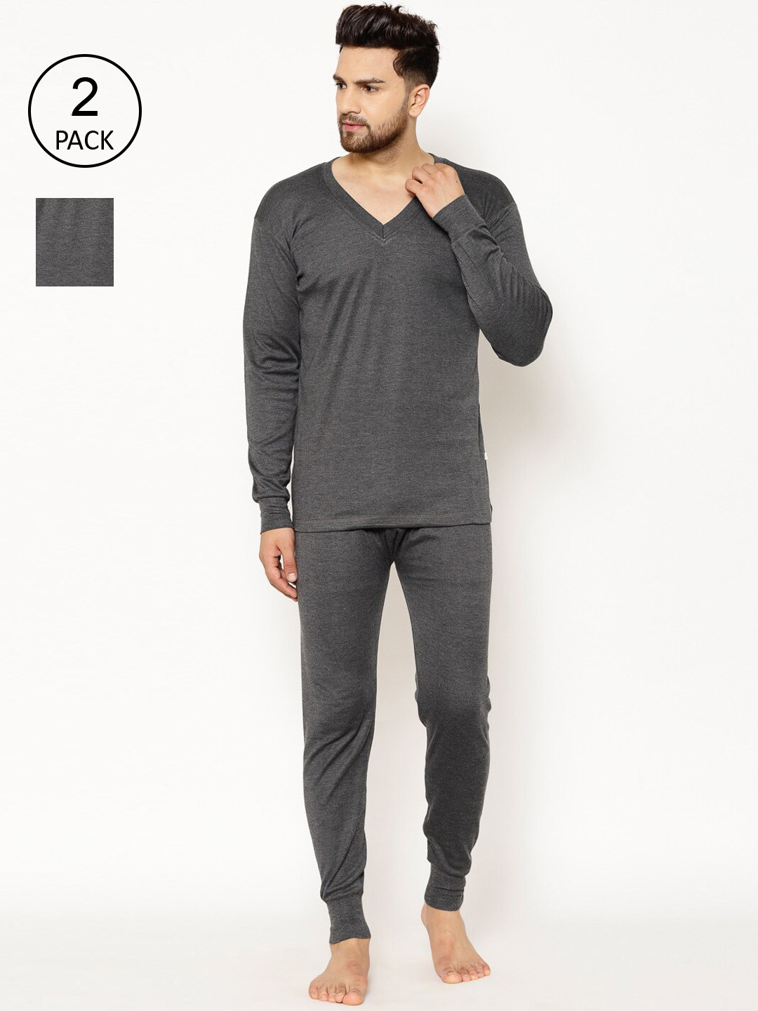 MACK JONNEY Men Pack Of 2 Black Solid Thermals