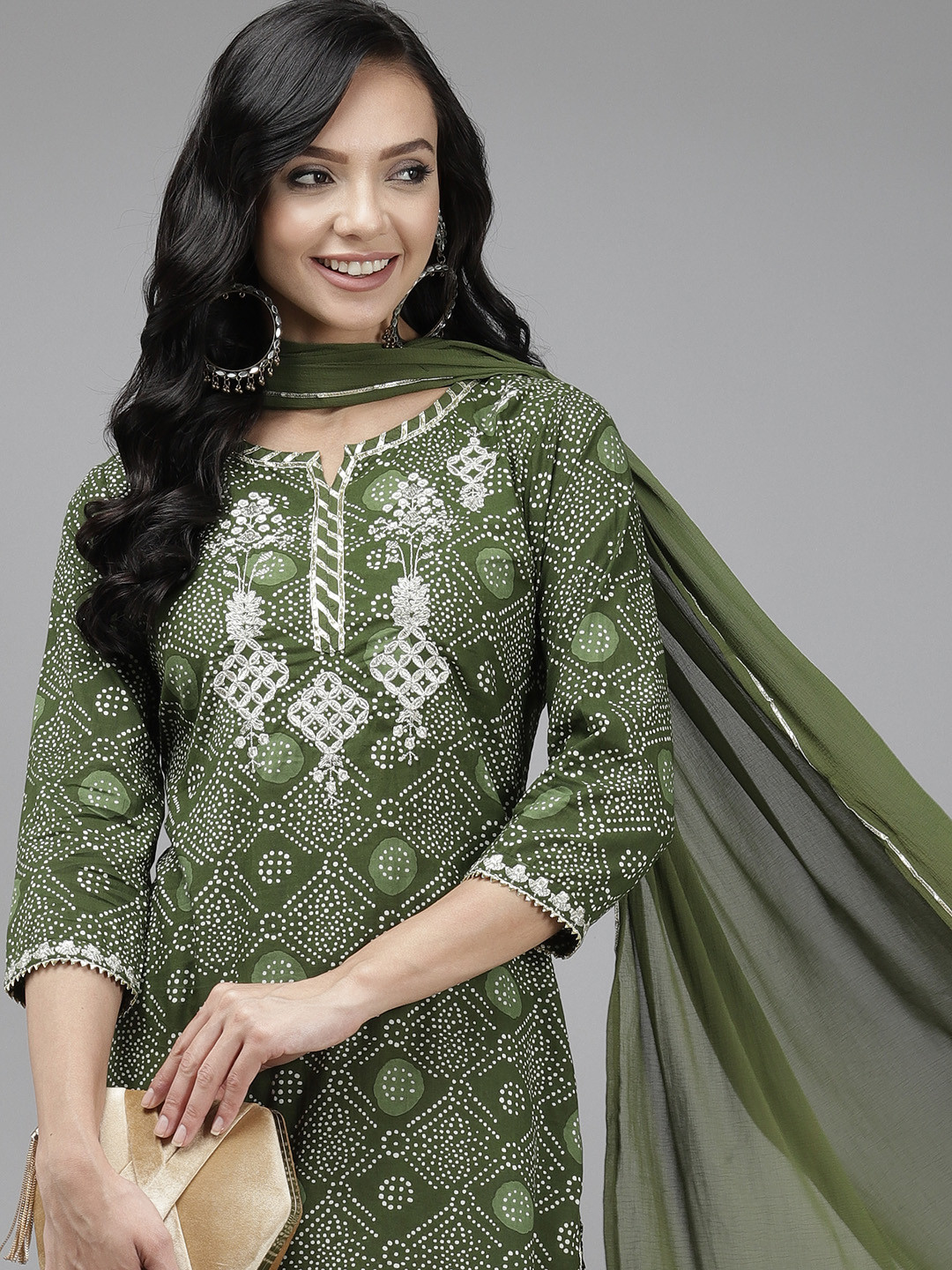 Indo Era Women Green & White Bandhani Print Gotta Patti Kurta with Sharara & With Dupatta