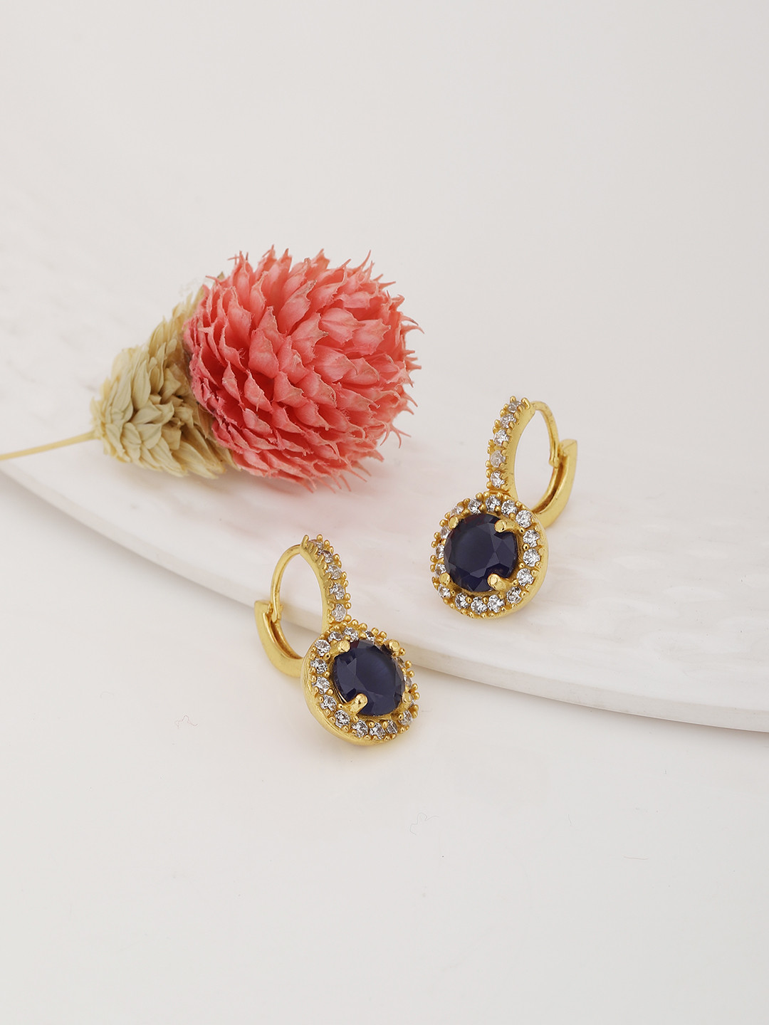 Carlton London Navy Blue Gold-Plated CZ Studded Circular Drop Earrings