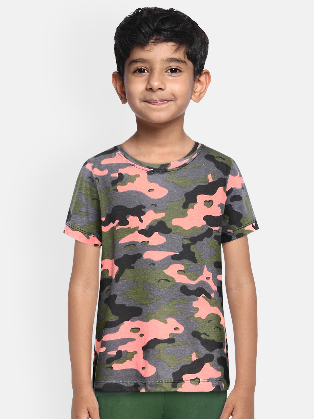 Urbano Juniors Boys Green & Orange Camouflage Printed Training or Gym T-shirt