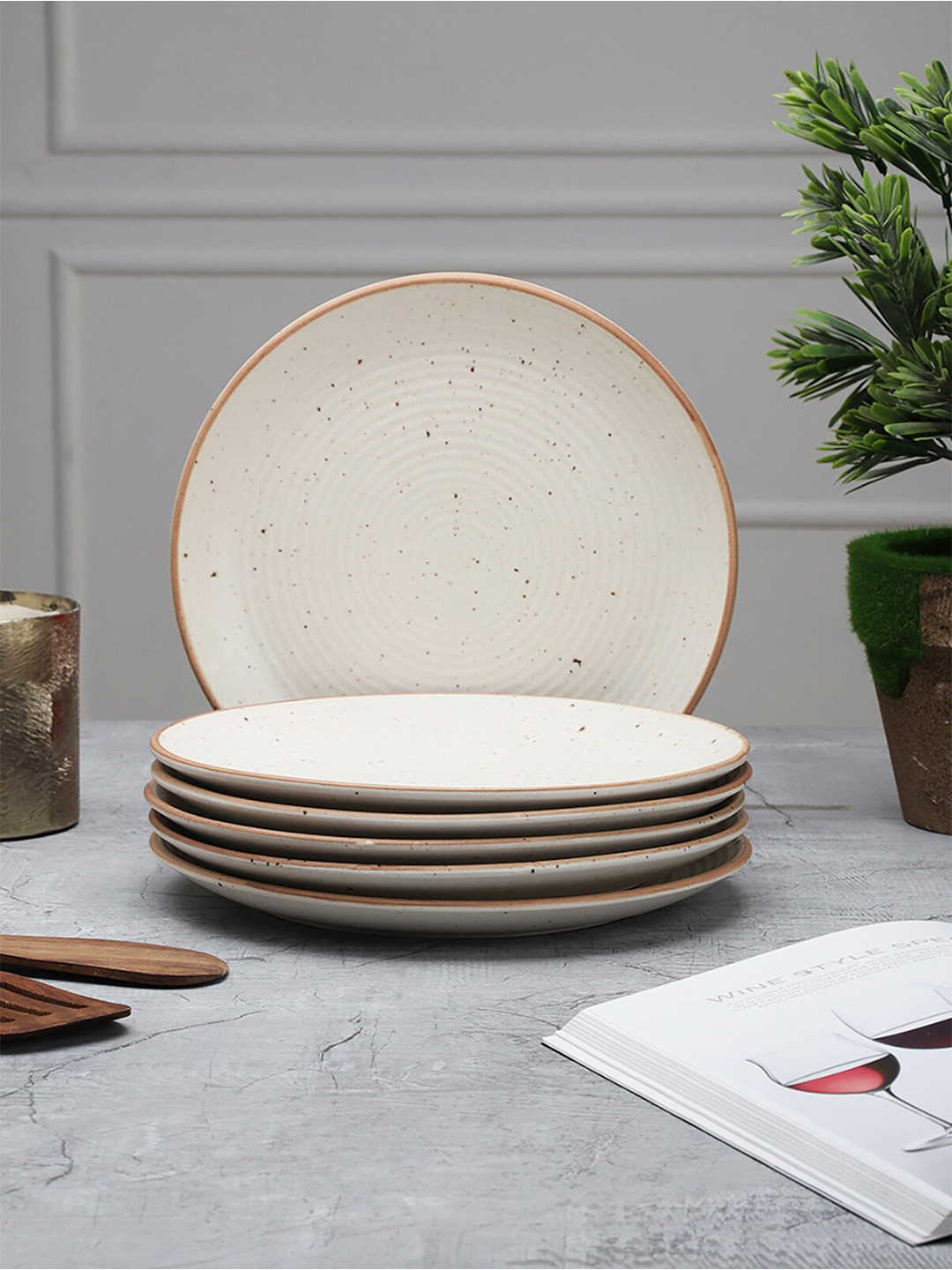 MIAH Decor Cream-Coloured & Brown 6 Pieces Handcrafted Textured Stoneware Matte Plates