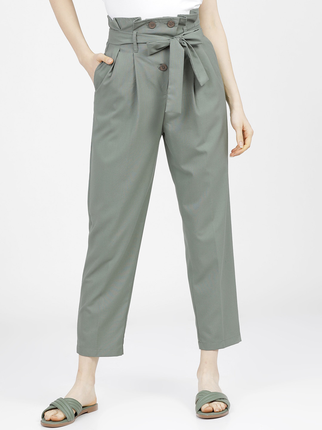 Tokyo Talkies Women Green Pleated Peg Trousers