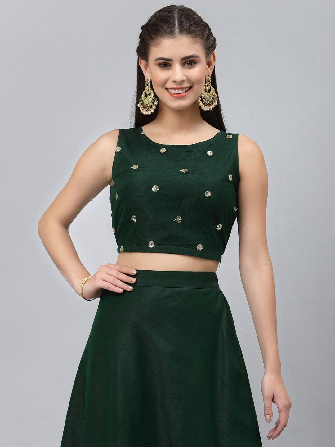 studio rasa Green Embellished Net Fitted Crop Top