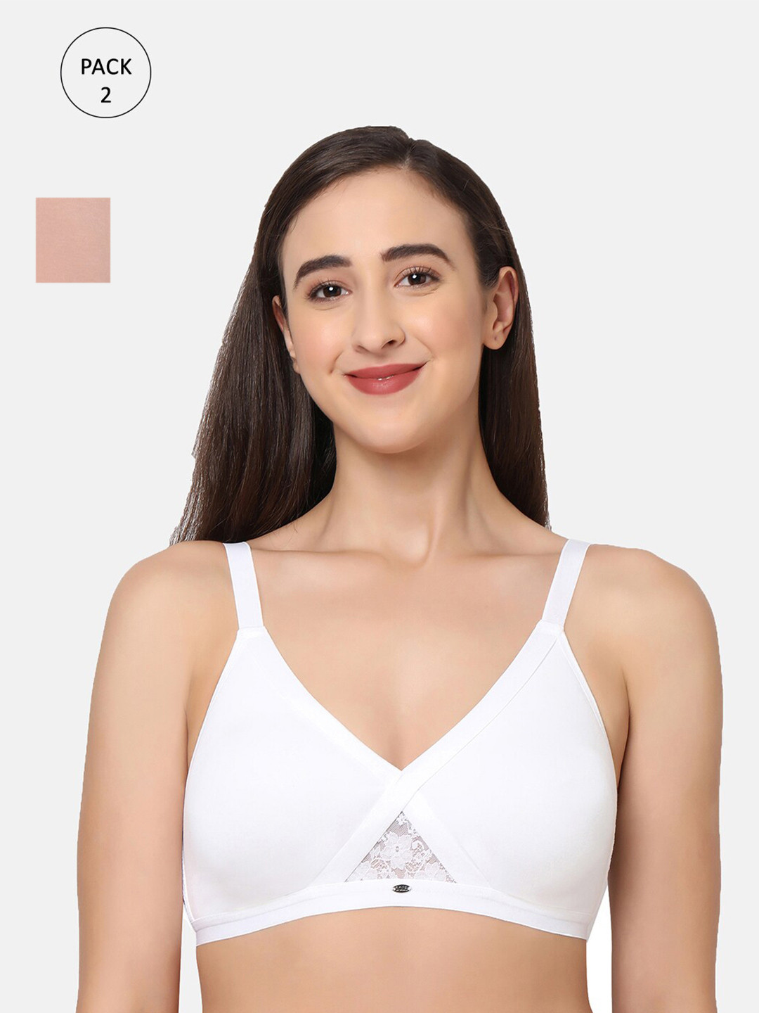 Soie Pack of 2 Beige & White Non Wired Full Coverage Cross Over T-shirt Bra