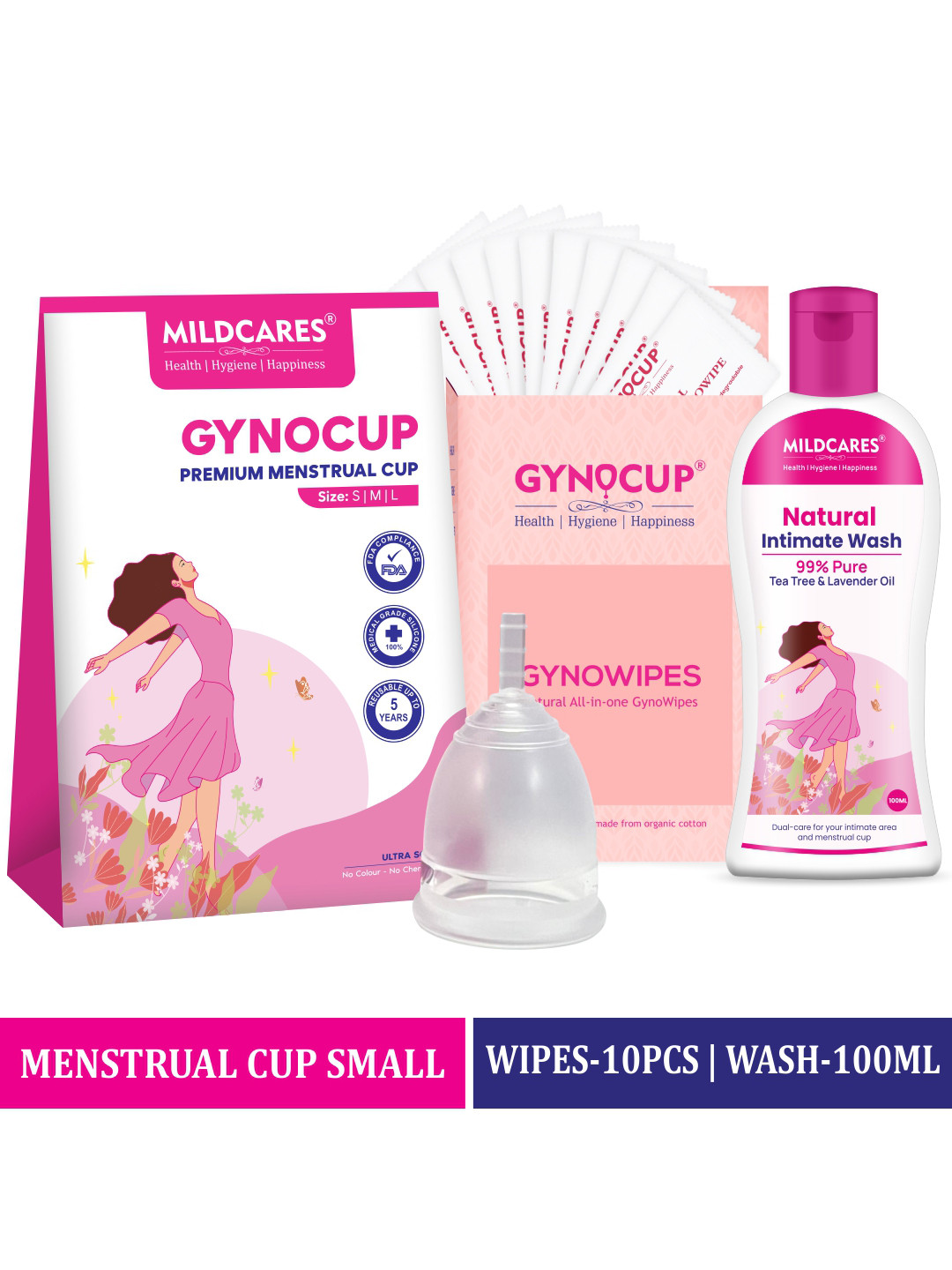 GYNOCUP Small Premium Reusable Menstrual Cup + Menstrual Cup Wash 100 ml + Intimate Wipes