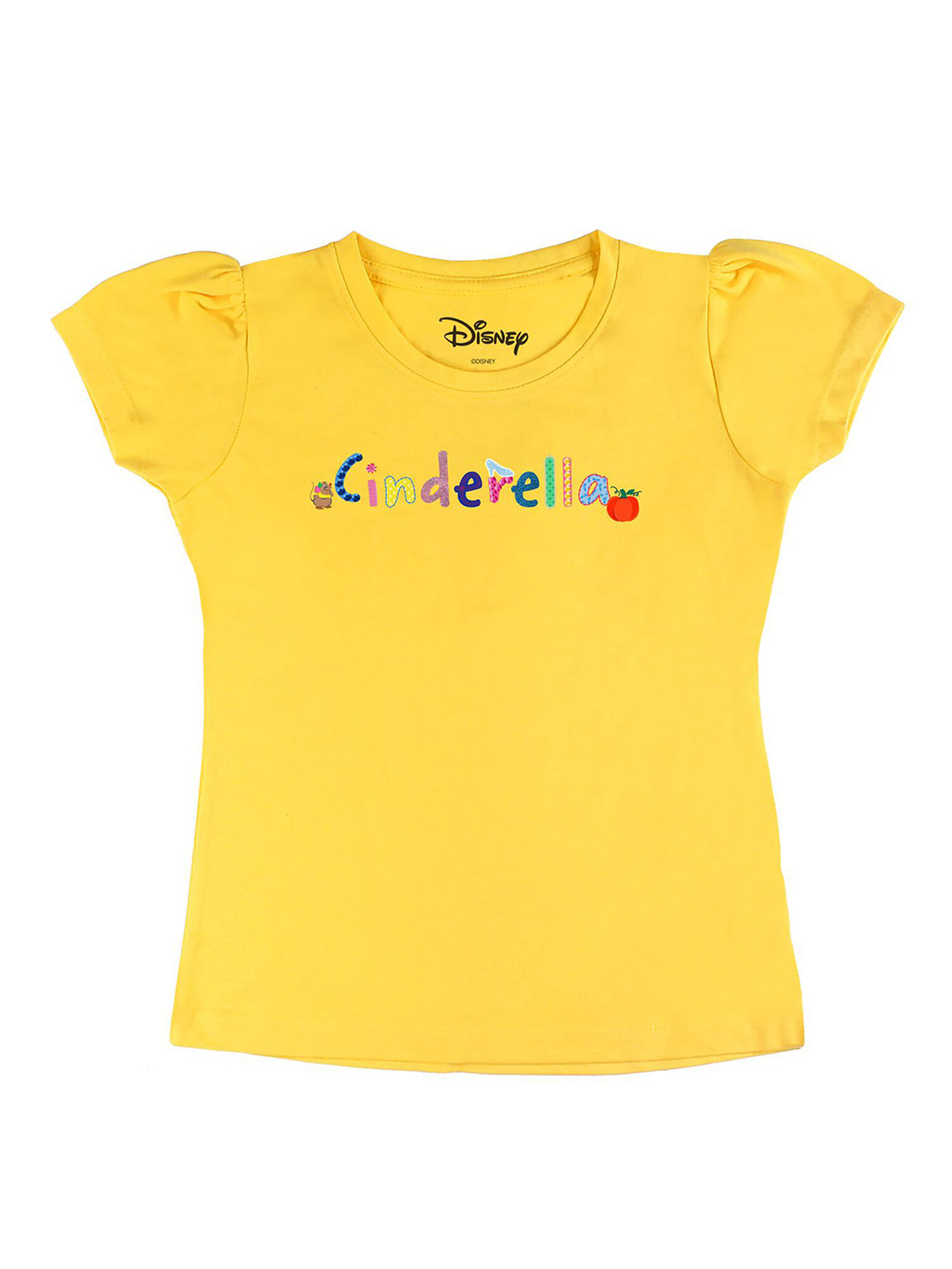 Disney by Wear Your Mind Girls Yellow Puff Sleeve Printed Pure Cotton T-shirt