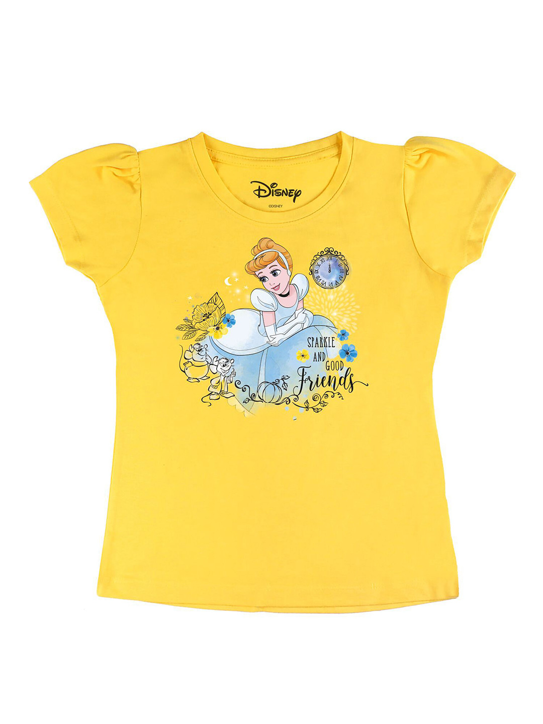 Disney by Wear Your Mind Girls Yellow  Turquoise Blue Cinderella Cotton Printed Pure Cotton T-shirt