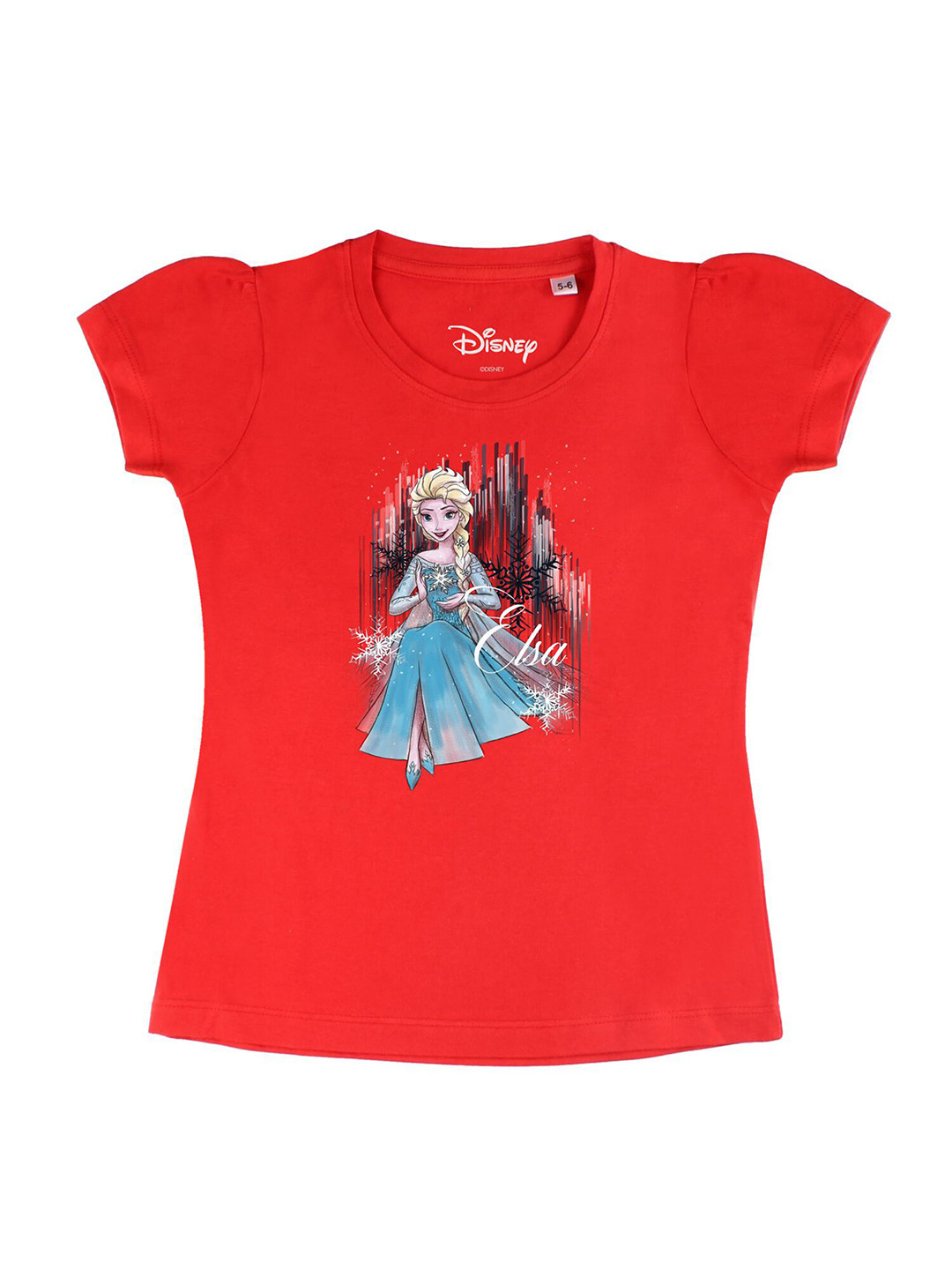 Disney by Wear Your Mind Girls Red Frozen Printed Puff Sleeves Pure Cotton T-shirt