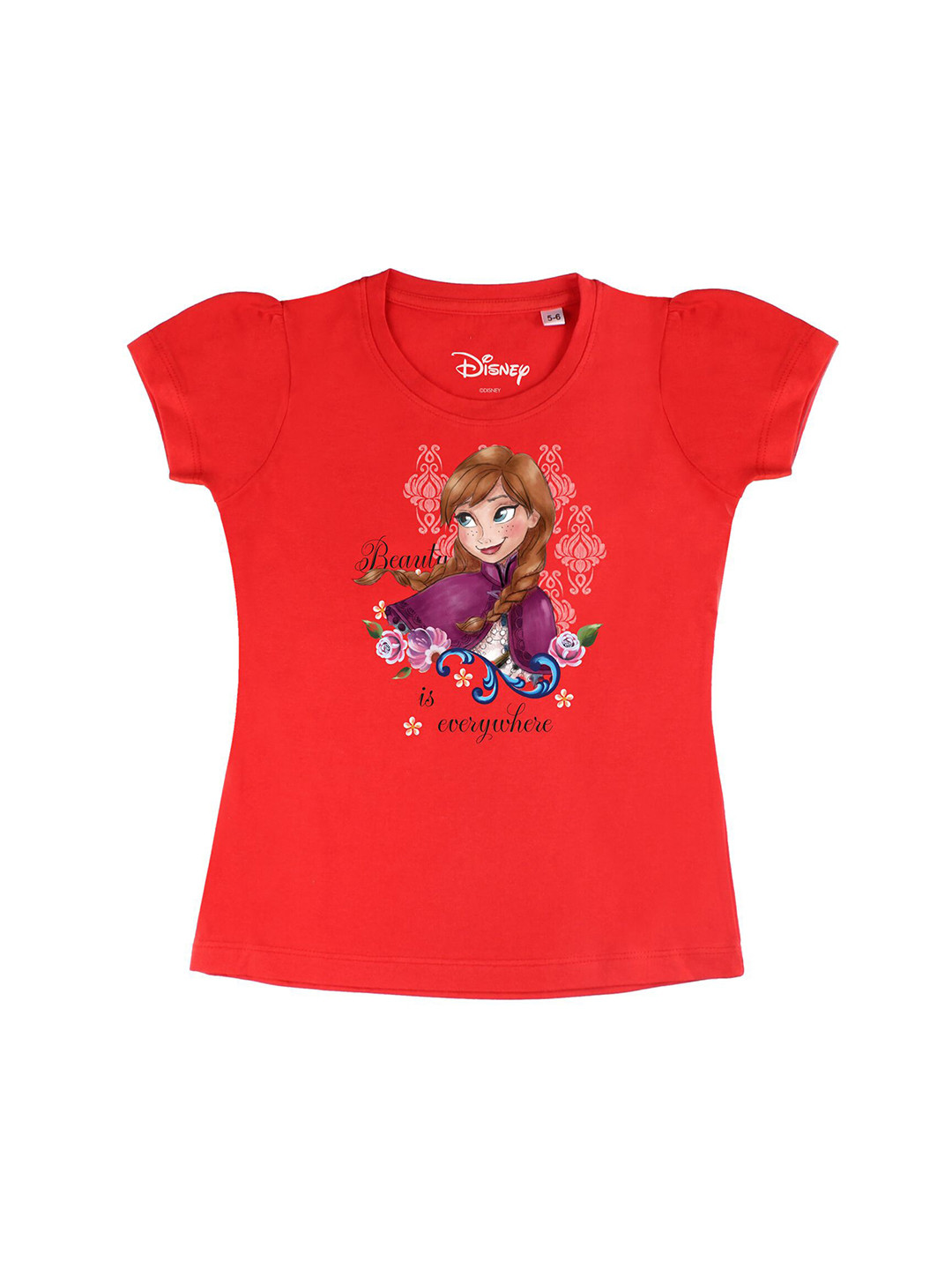 Disney by Wear Your Mind Girls Red Frozen Cartoon Character Printed Pure Cotton T-shirt