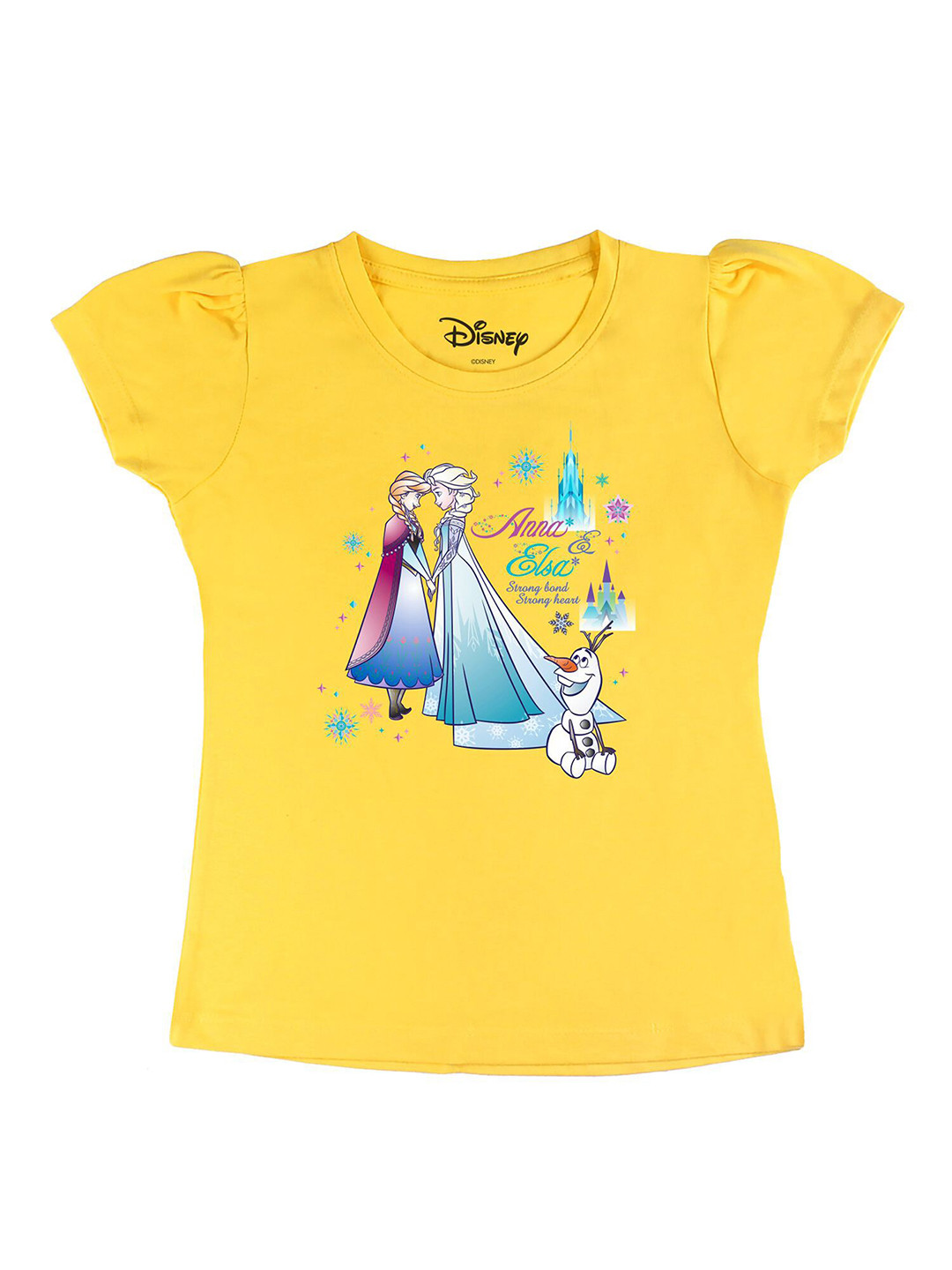 Disney by Wear Your Mind Girls Yellow ELSA  ANNA Printed Puff Sleeves Pure Cotton T-shirt