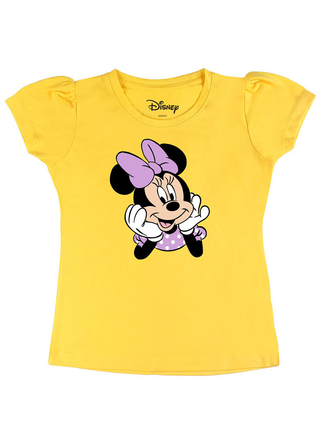 Disney by Wear Your Mind Girls Yellow Minnie Mouse Printed Puff Sleeves Pure Cotton T-shirt