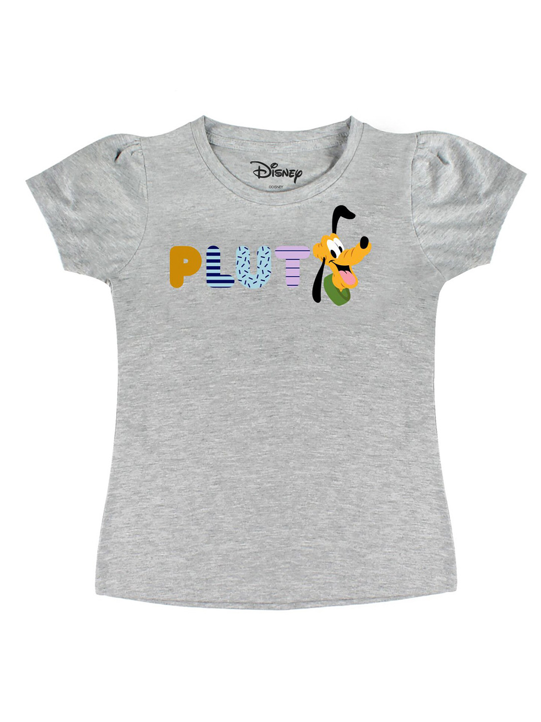 Disney by Wear Your Mind Girls Grey Pluto Printed Pure Cotton Puff Sleeves Pure Cotton T-shirt