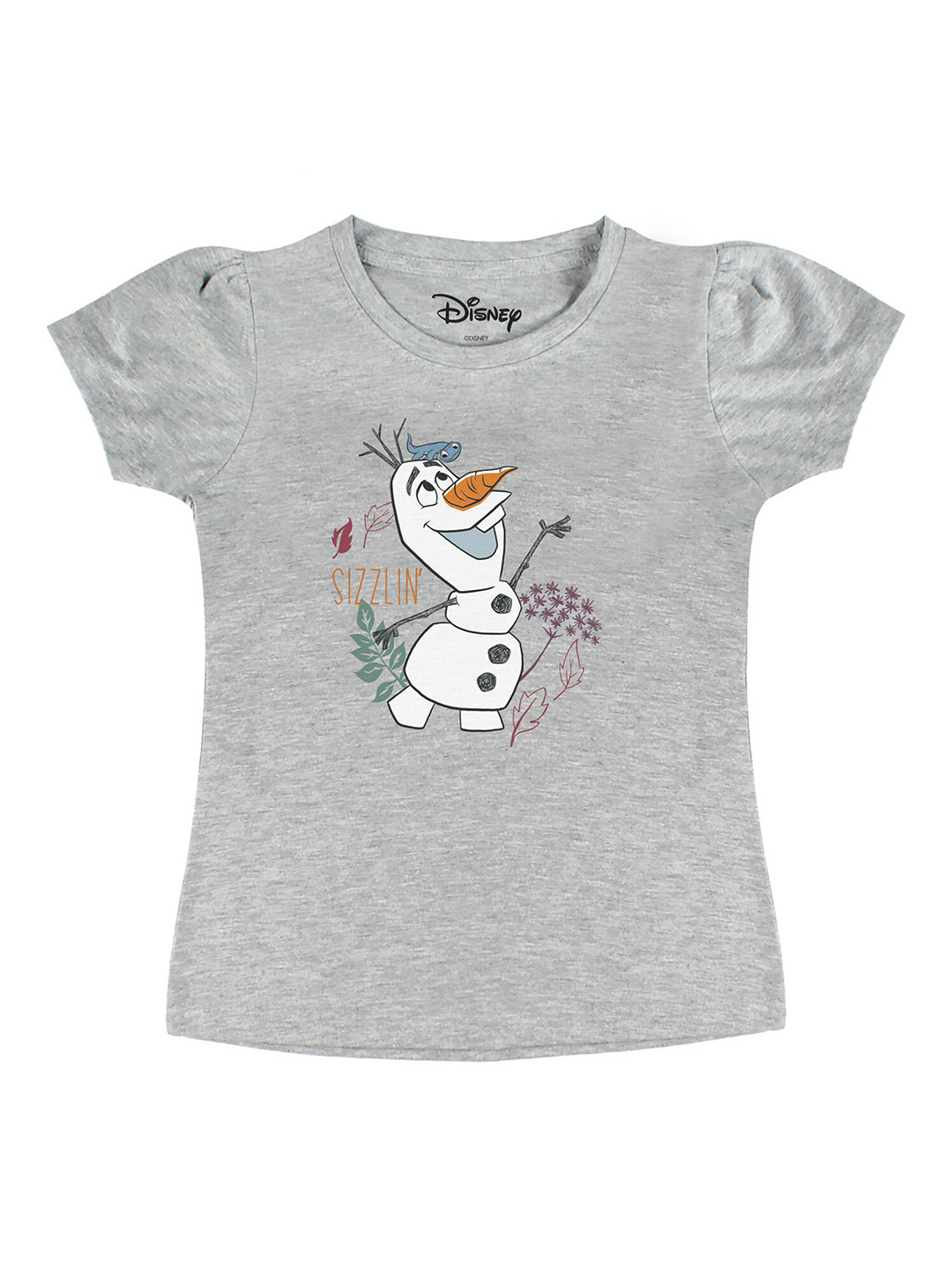 Disney by Wear Your Mind Girls Grey Frozen Cartoon Character Printed Pure Cotton T-shirt