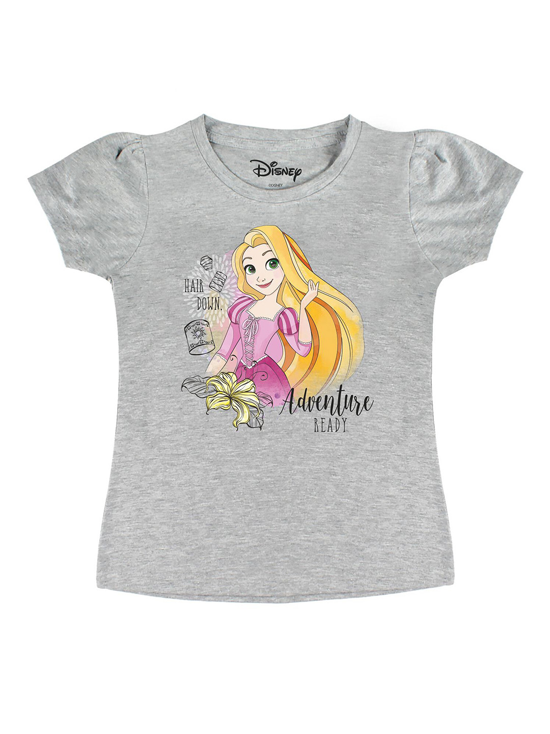 Disney by Wear Your Mind Girls Grey Printed Puff Sleeves Pure Cotton T-shirt