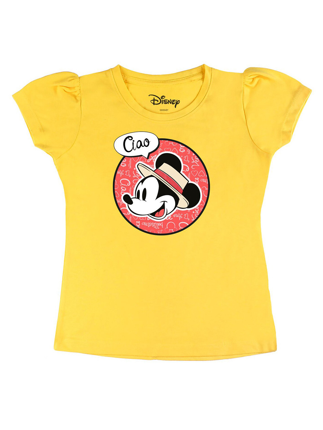 Disney by Wear Your Mind Girls Yellow  Coral Mickey Mouse Printed Pure Cotton T-shirt