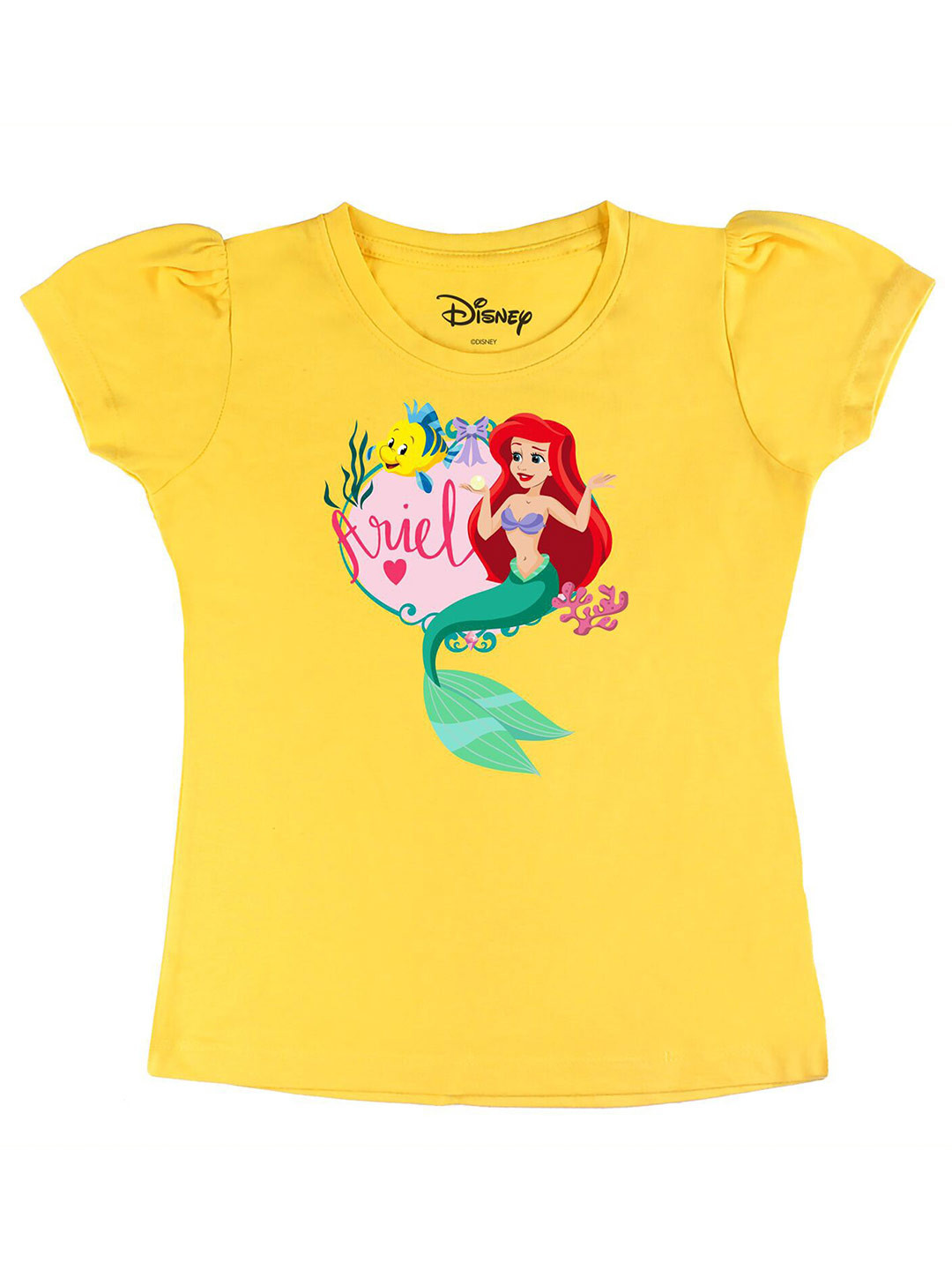 Disney by Wear Your Mind Girls Yellow Disney Princess Printed Cotton Pure Cotton T-shirt