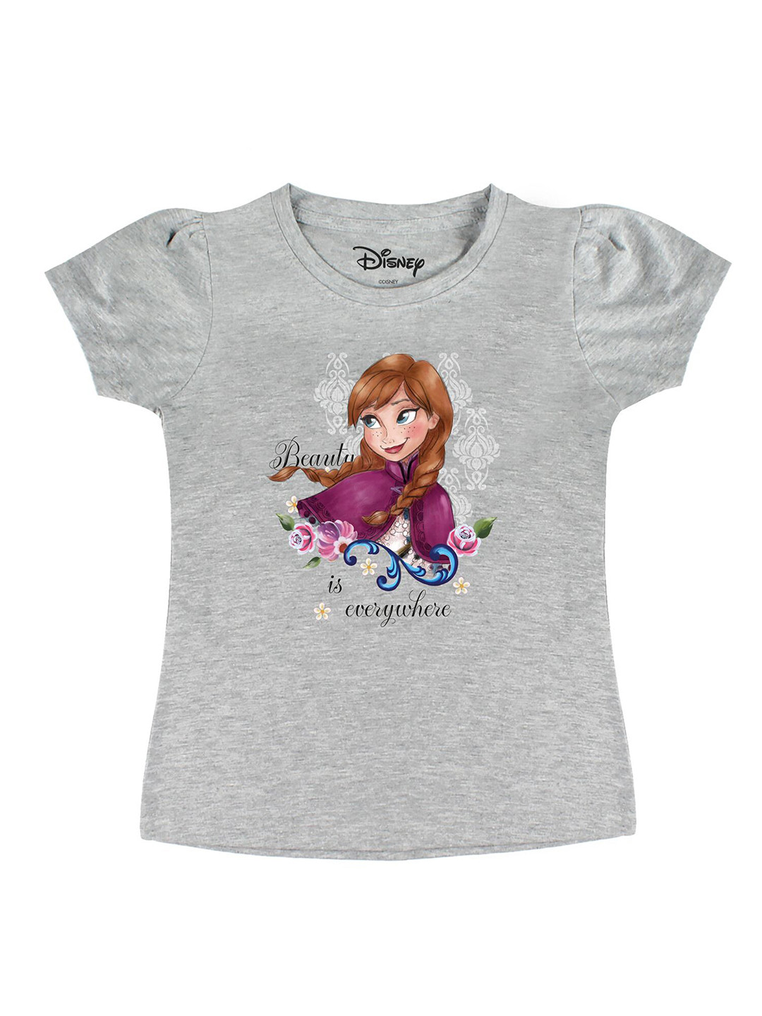 Disney by Wear Your Mind Girls Grey  Burgundy Printed Pure Cotton T-shirt
