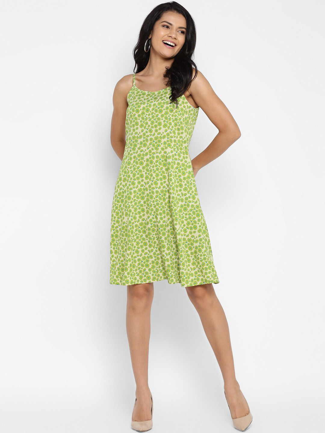 DEEBACO Green Ditsy Print Strapped Dress