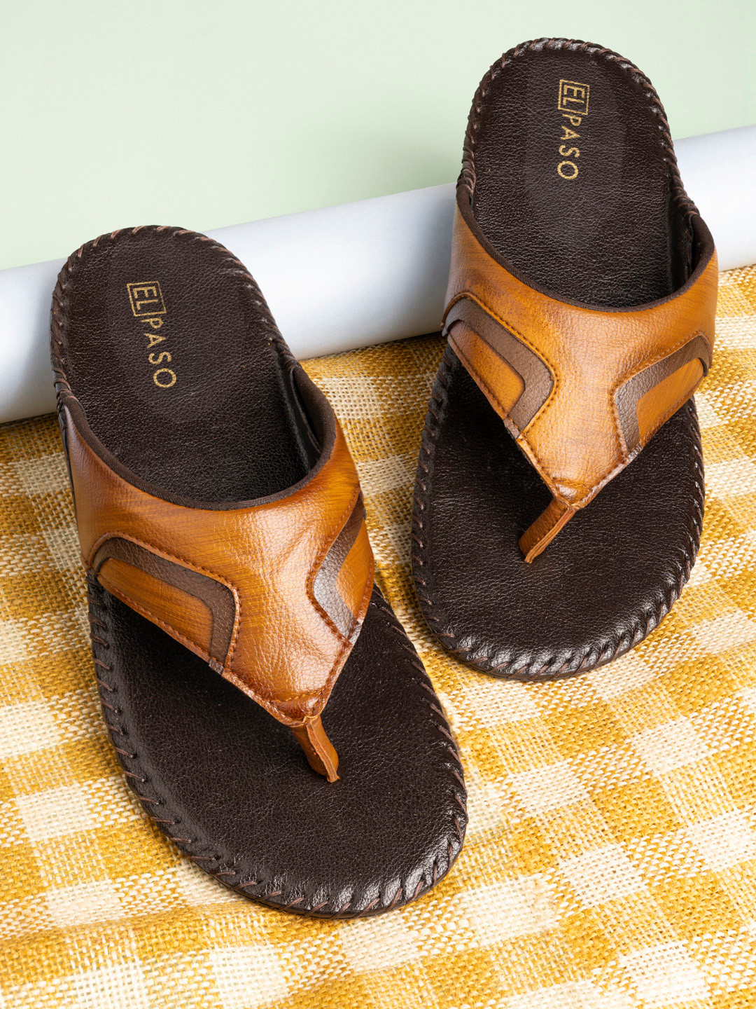 El Paso Men Tan & Black Self Design Slip-On