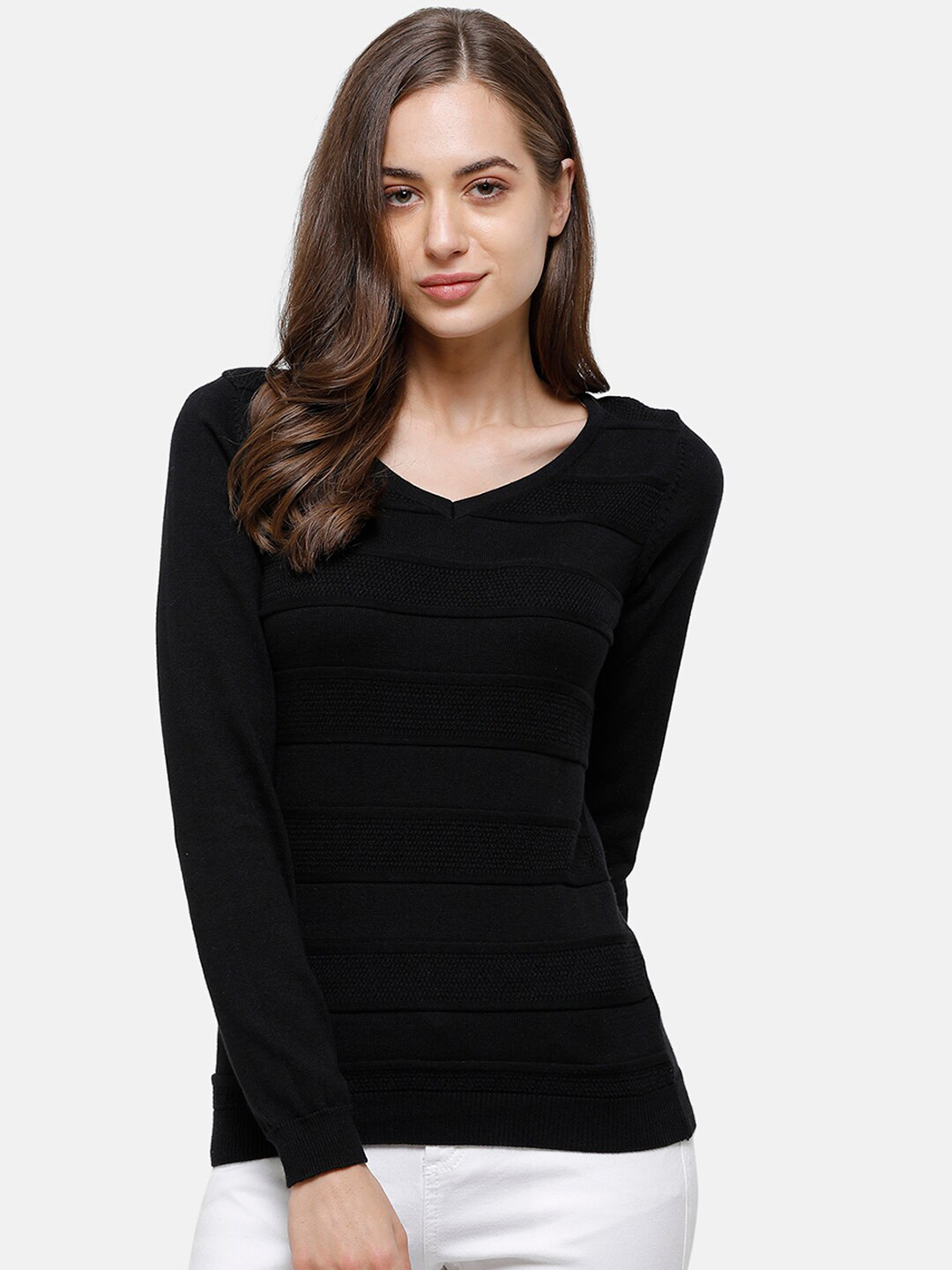 98 Degree North Women Black Geometric Self Design Pure Cotton Pullover