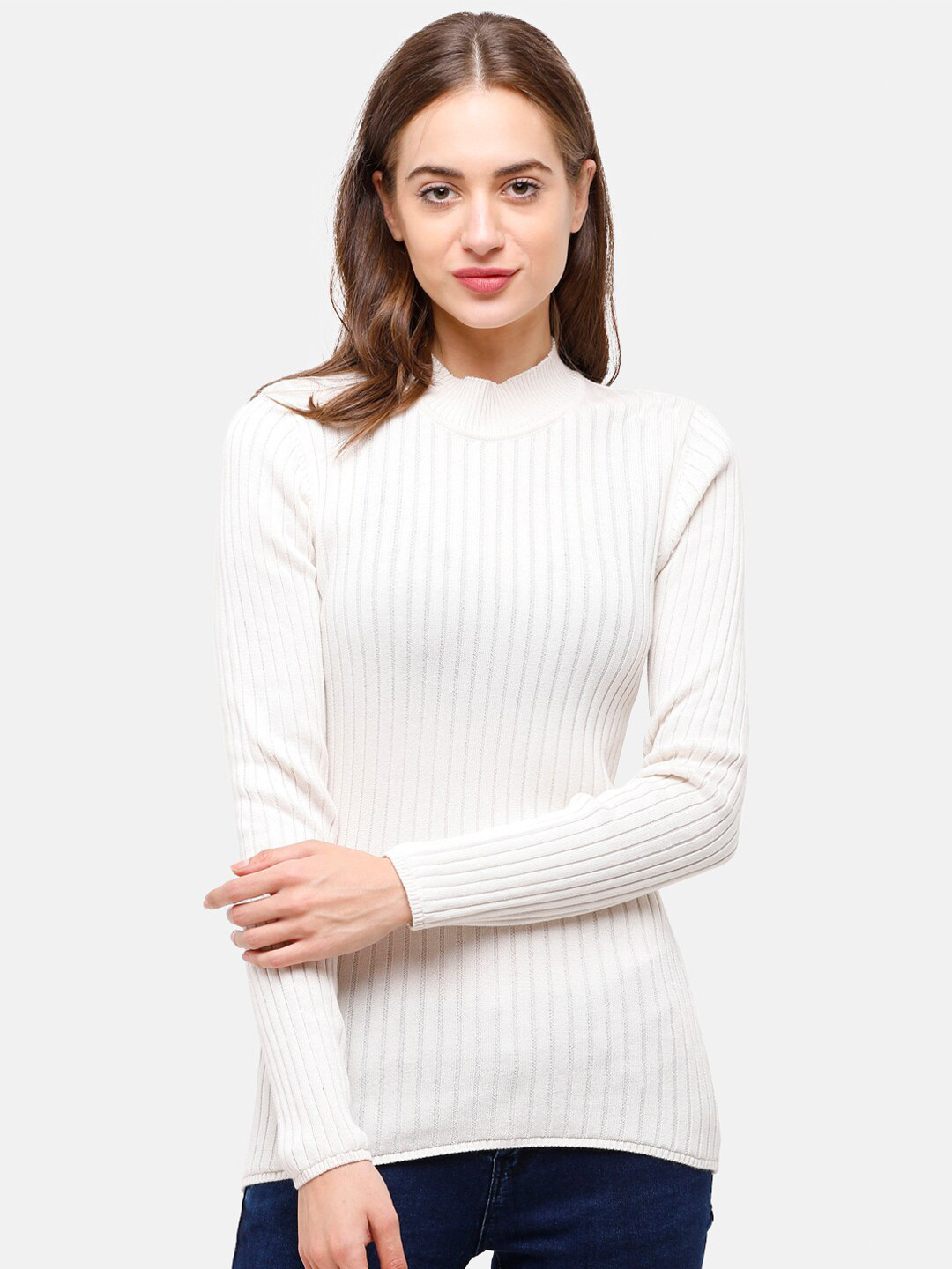98 Degree North Women Off White Ribbed Pure Cotton Long Sleeves Pullover