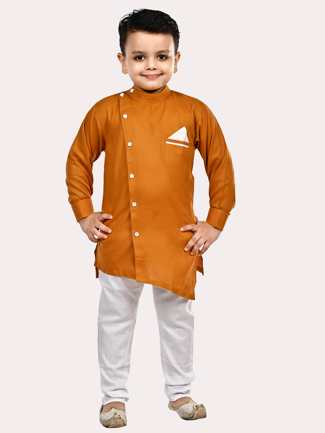 Superminis Boys Mustard Yellow Angrakha Pure Cotton Kurta with Pyjamas