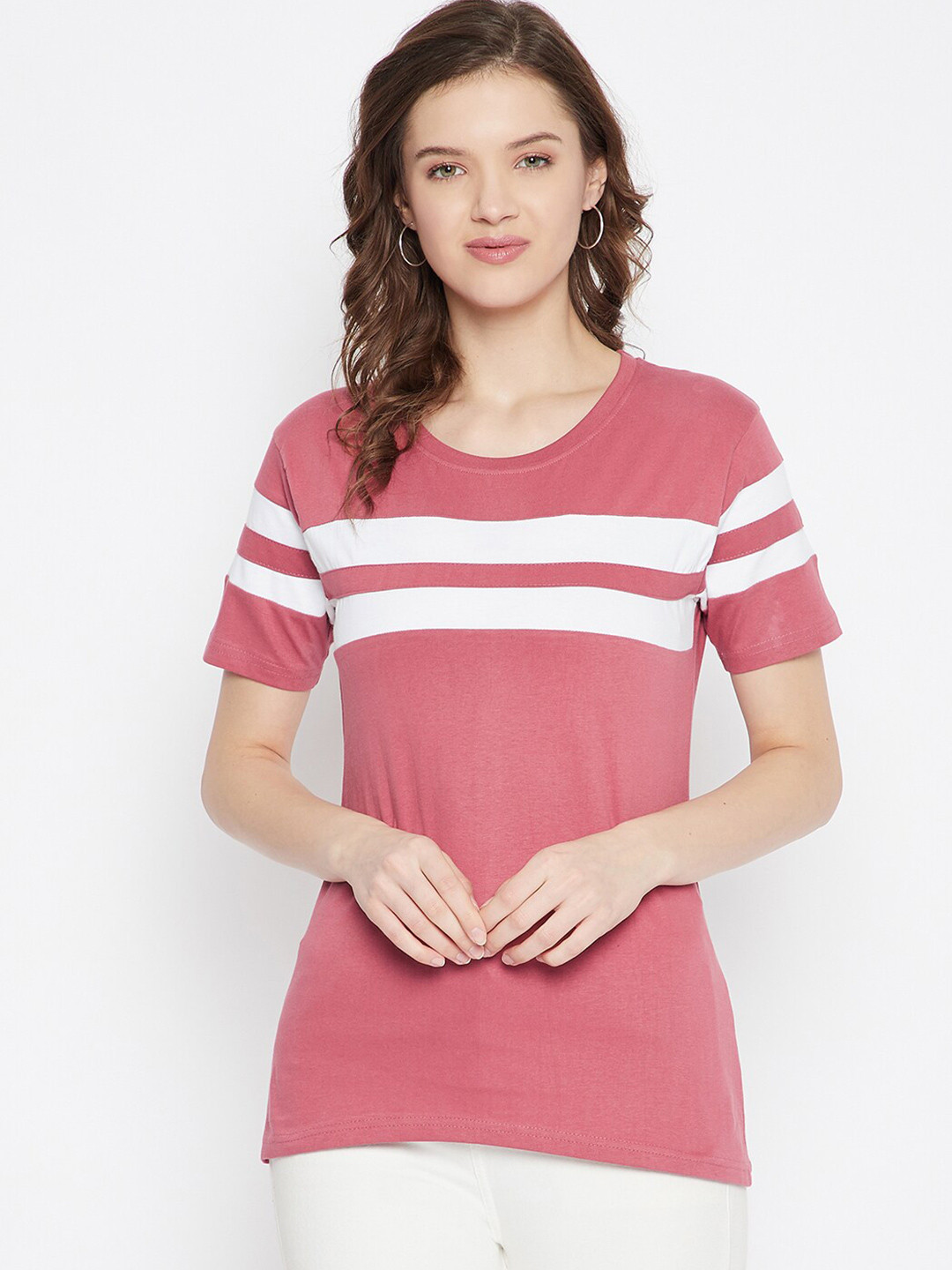 Rodzen Women Pink  White Colourblocked Slim Fit Pure Cotton T-shirt