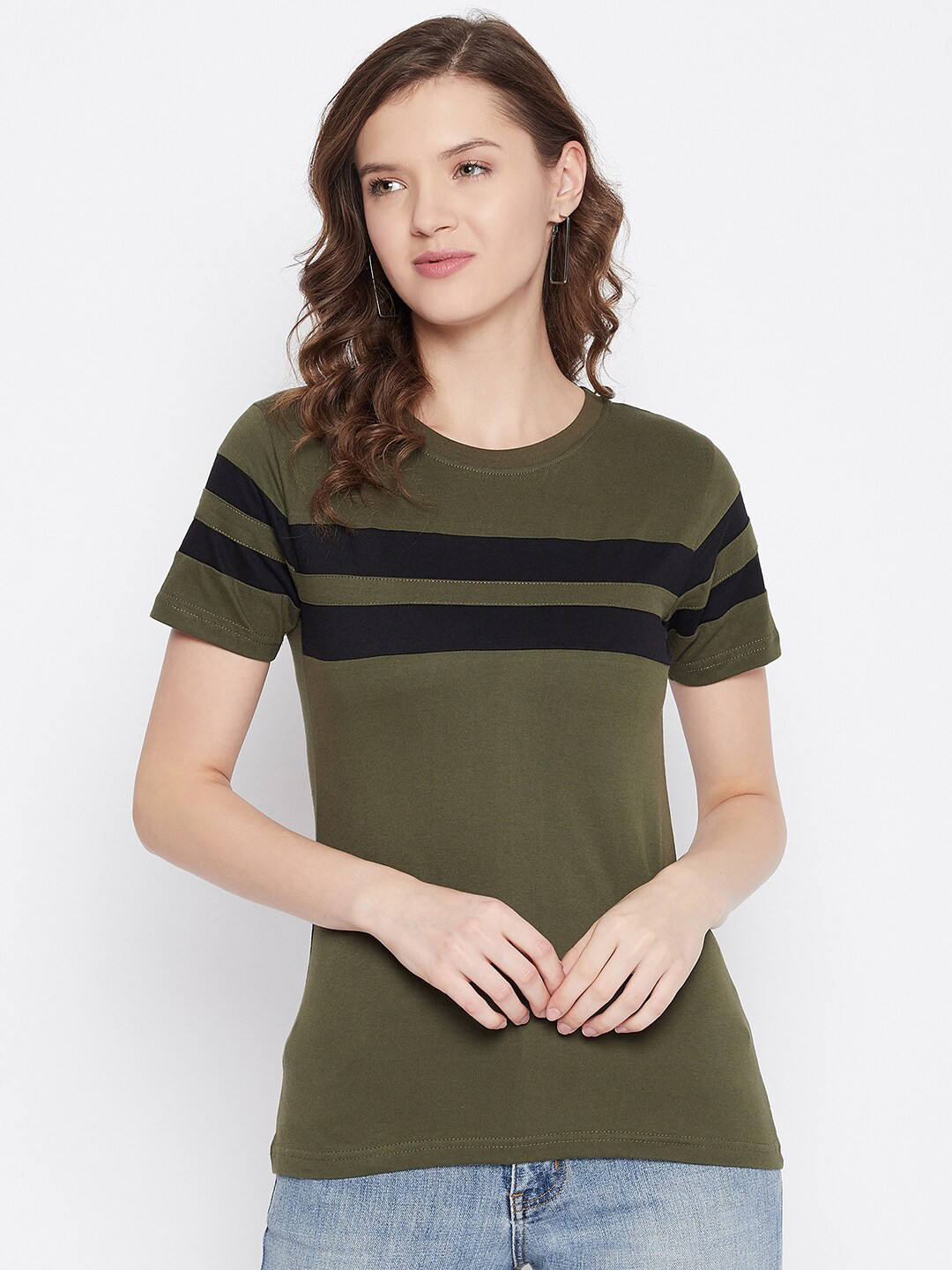 Rodzen Women Olive Green  Black Colourblocked Slim Fit Pure Cotton T-shirt