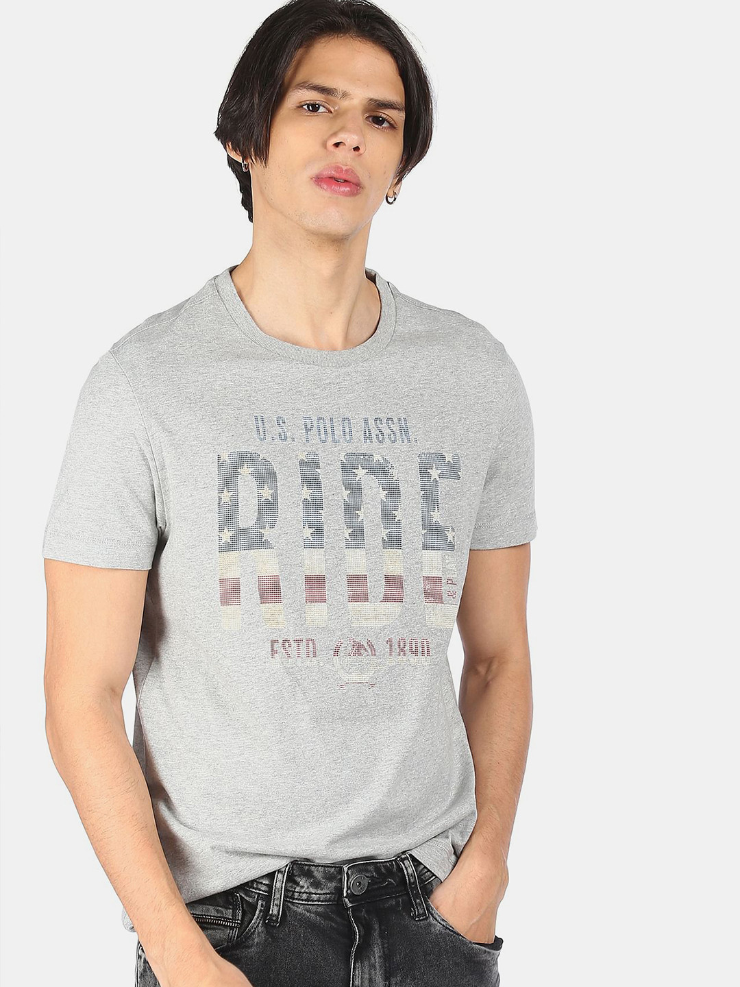 U.S. Polo Assn. Denim Co. Men Grey & gainsboro Typography Printed Applique T-shirt
