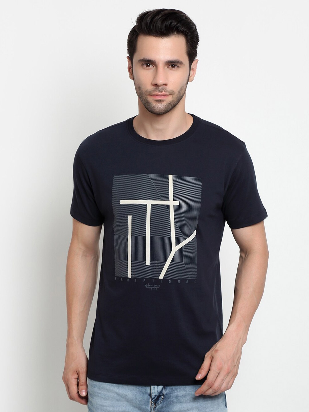 Cantabil Men Navy Blue dark gunmetal Printed Pockets T shirt